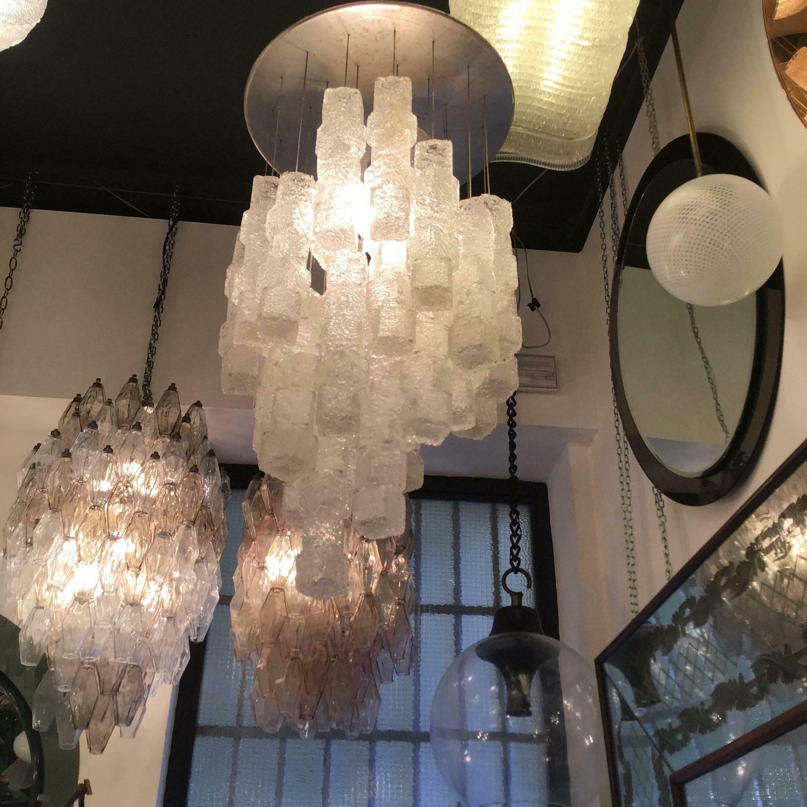 photo for sale Zero Quattro Chandelier Murano Glass Metal Crome 1955 Italy
