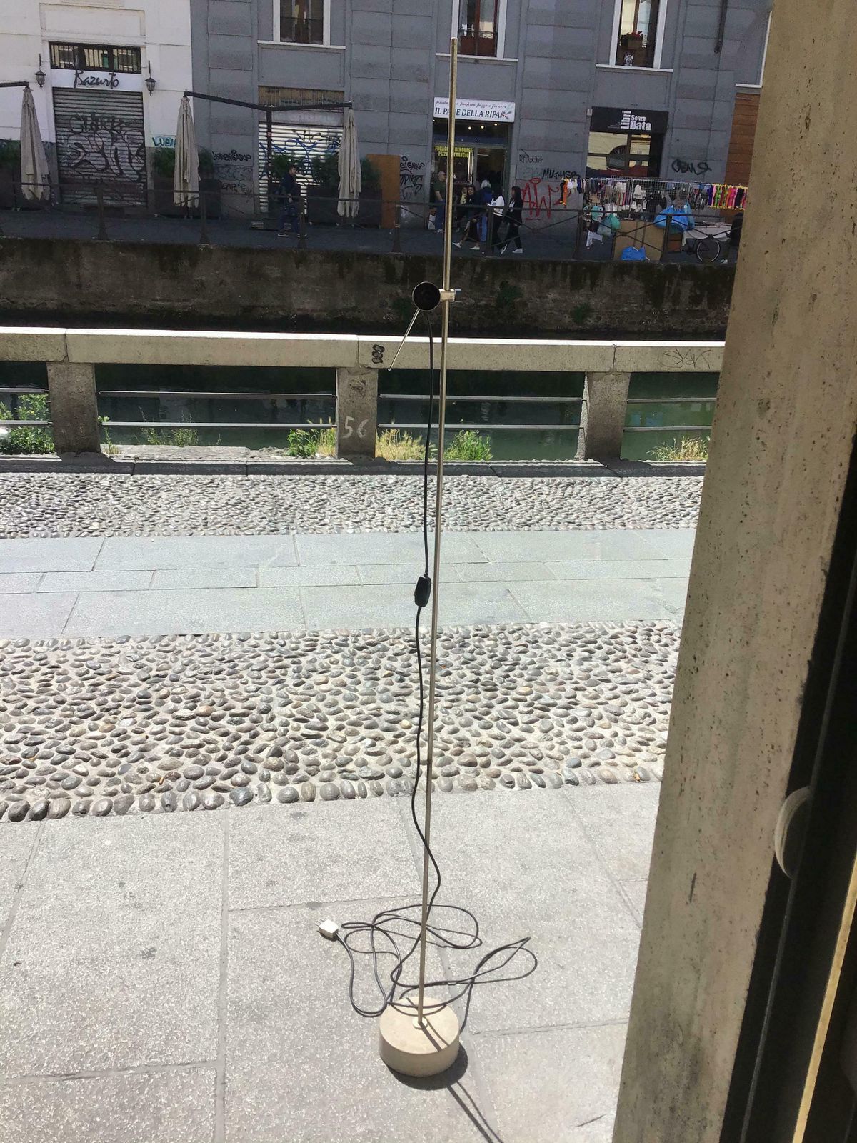 photo buy Tito Agnoli Floor Lamp  Oluce  Travertine Base Metal Crome 1954 Italy