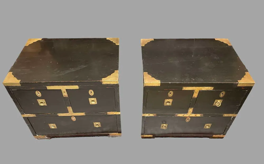 Pair Of Hollywood Regency Black Lacquer Campaign Chests photo 795.0