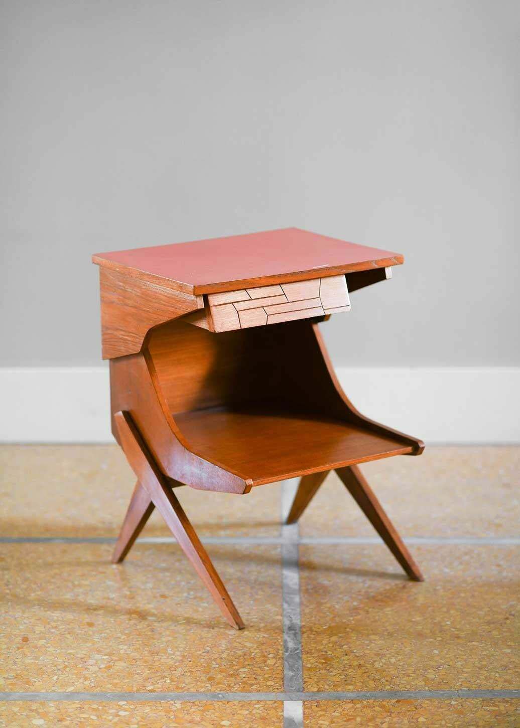 photo for sale Pair Of Wooden Bedside Tables With Coloured Formica Top 1950 (Set Of 2)