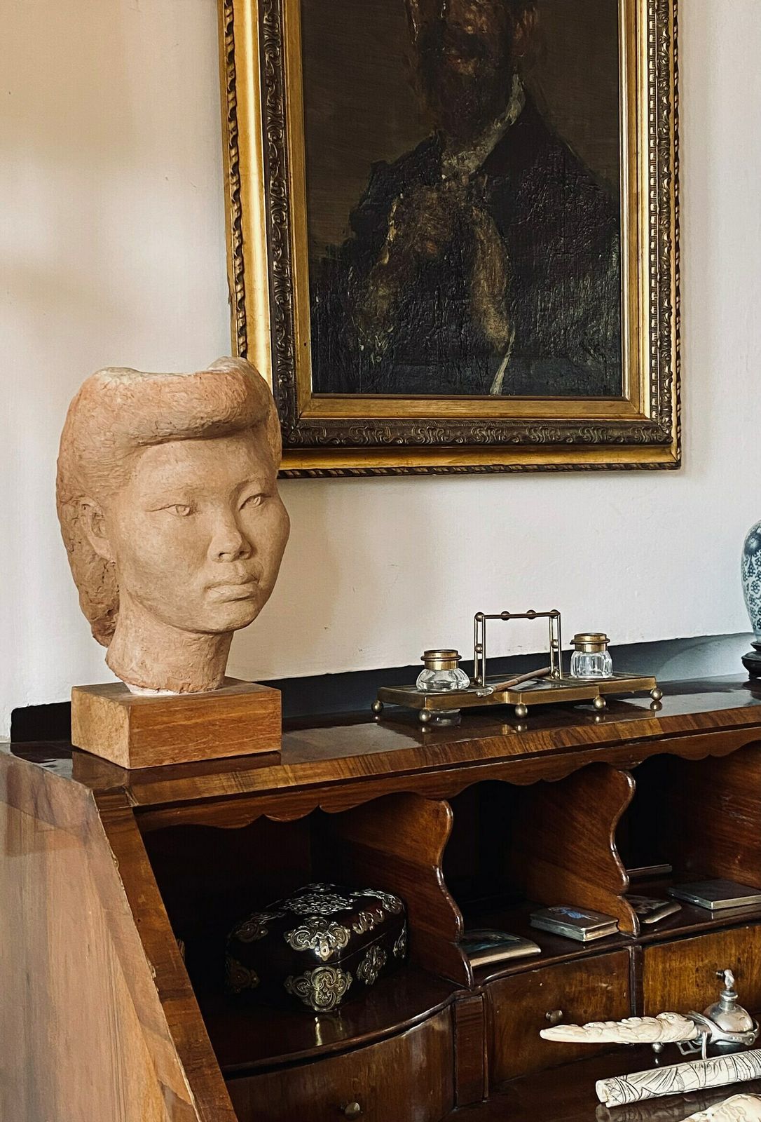 Willy Gordon, Terracotta Japanese Girl Akito Head Sculpture, France 1940s photo Art
