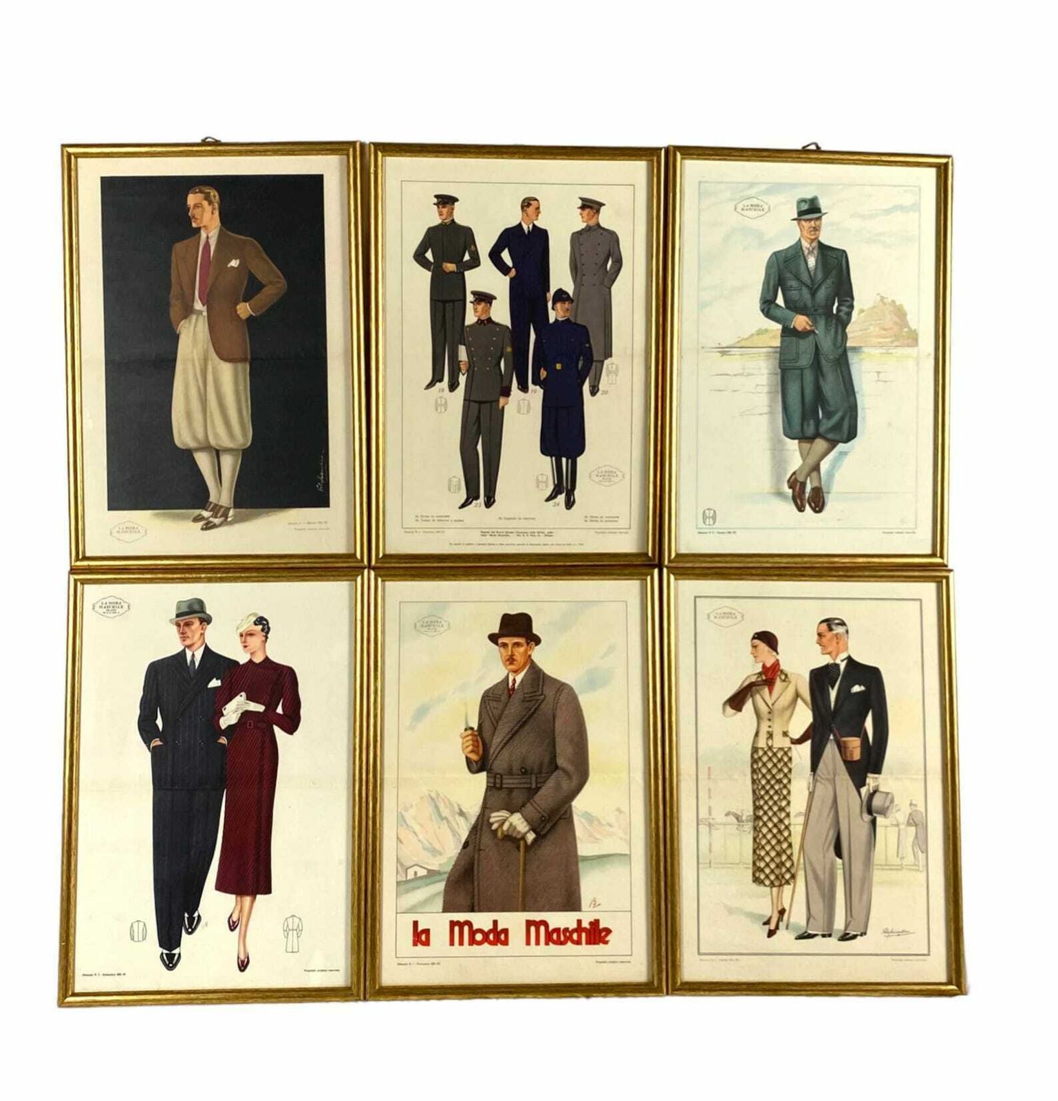 La Moda Maschile, Set Of 6 Framed Original Illustrations Of Men's Fashion From The 30s, Italy 1930s