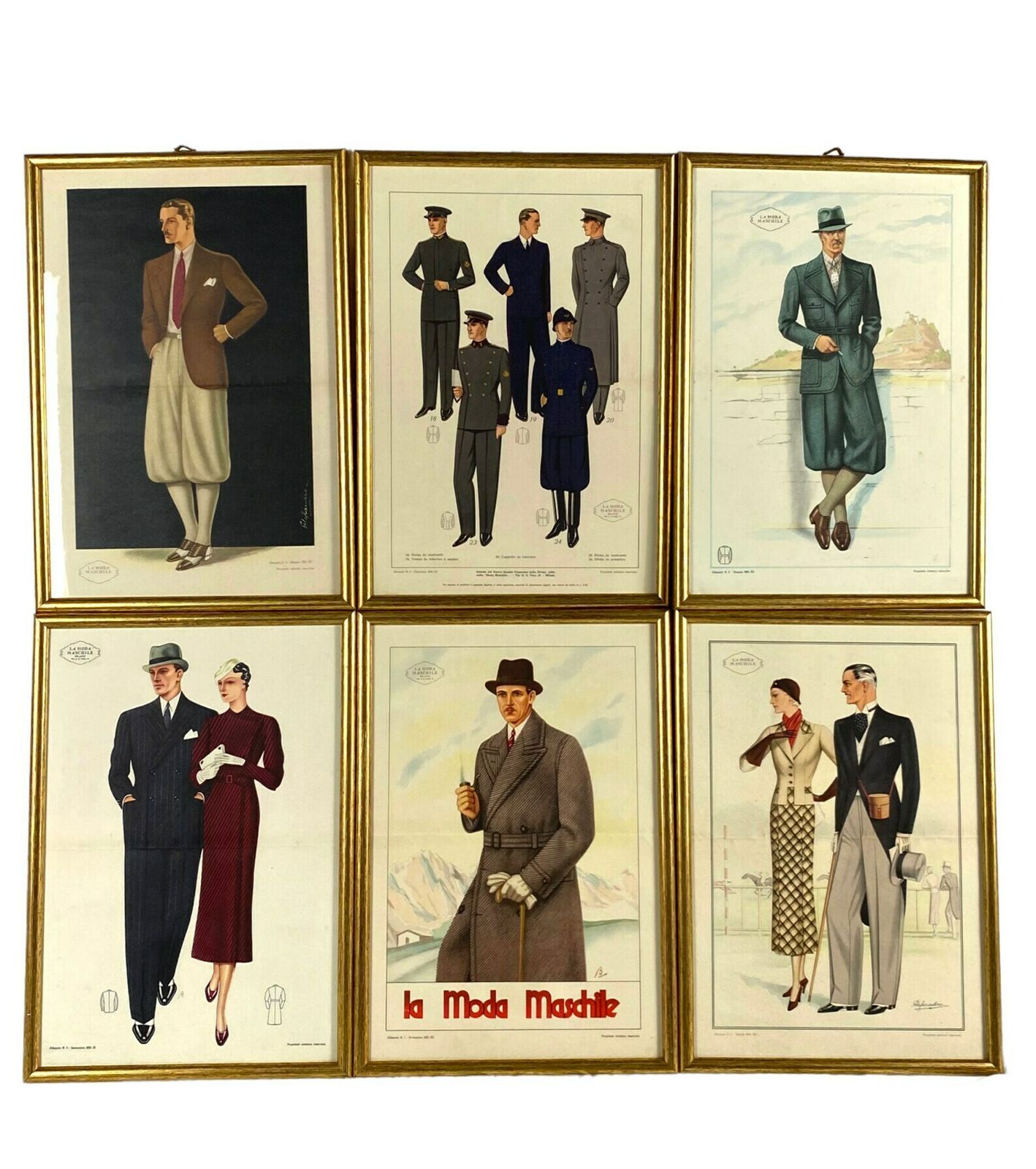 La Moda Maschile, Set Of 6 Framed Original Illustrations Of Men's Fashion From The 30s, Italy 1930s photo furniture