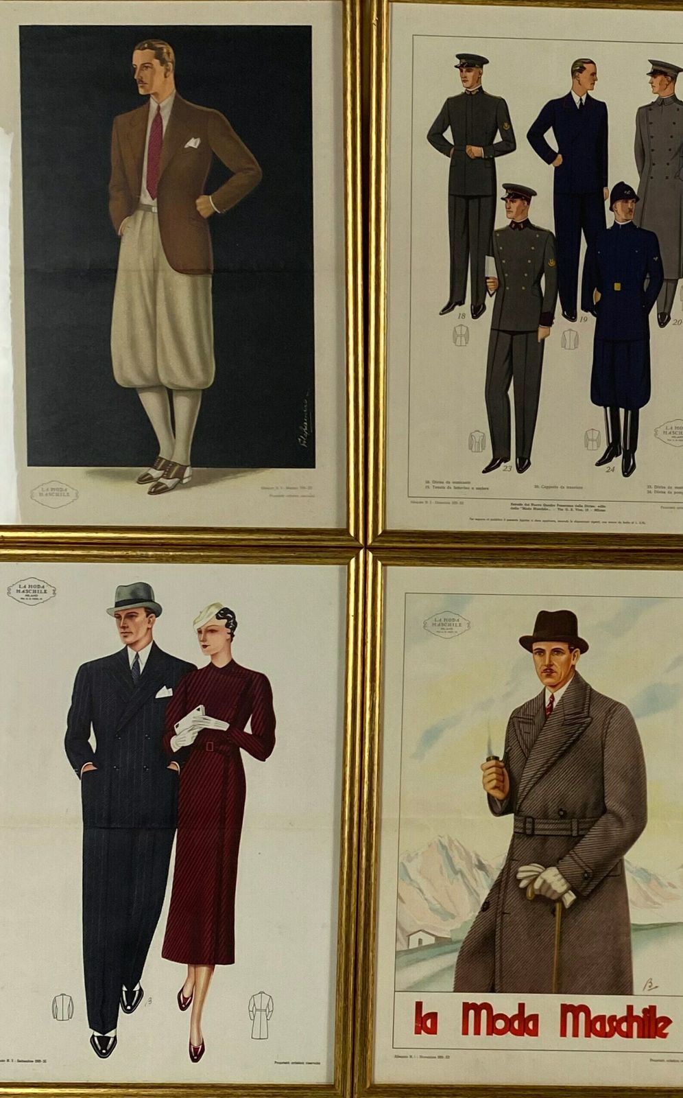La Moda Maschile, Set Of 6 Framed Original Illustrations Of Men's Fashion From The 30s, Italy 1930s photo buy