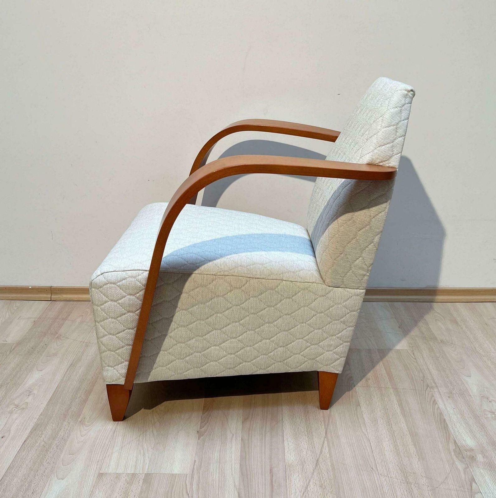 photo furniture Spanish Design Club Chair, Beech, Plywood, Cream Quilt Fabric, 1990s