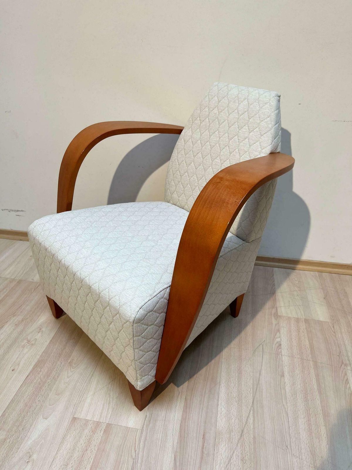 photo for sale Spanish Design Club Chair, Beech, Plywood, Cream Quilt Fabric, 1990s