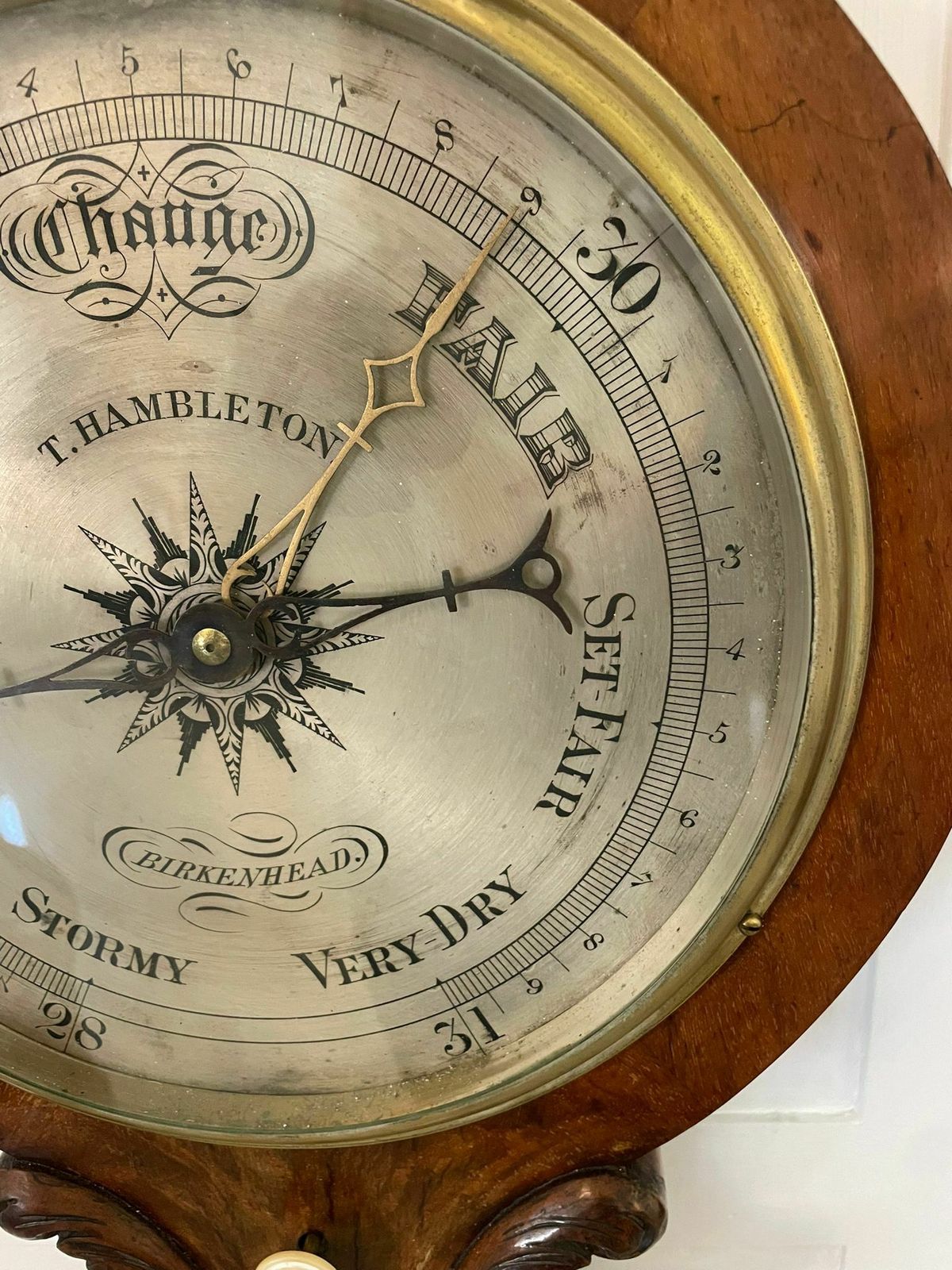 Quality Antique Burr Walnut Carved Banjo Barometer photo for sale