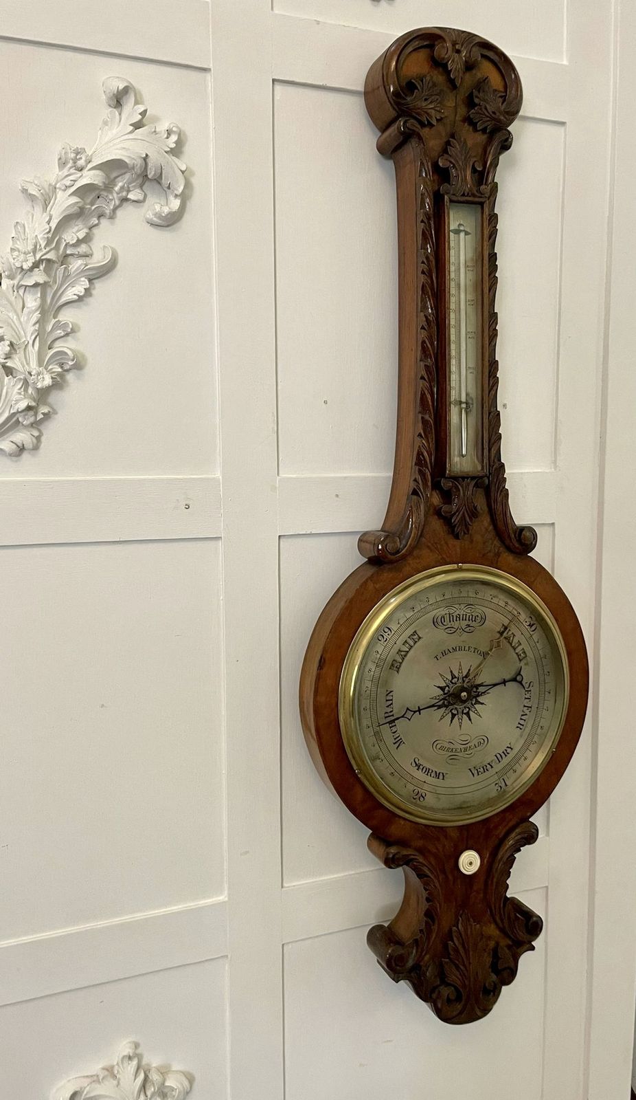 photo for sale Quality Antique Burr Walnut Carved Banjo Barometer