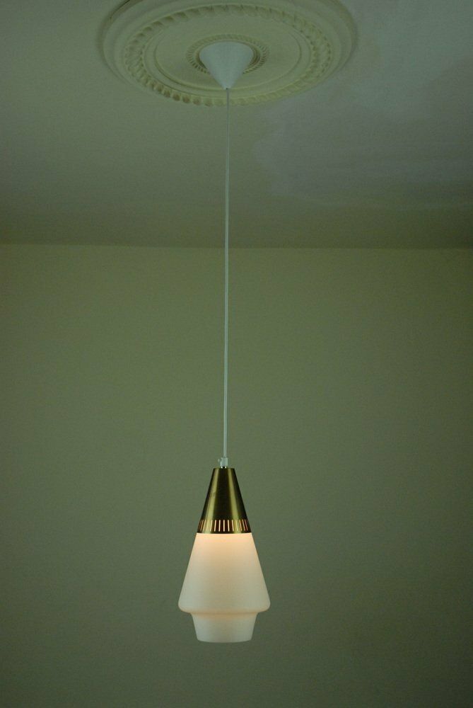 Opaline Glass And Brass Pendant Lamp For Asea Belysning Sweden, 1960s photo for sale