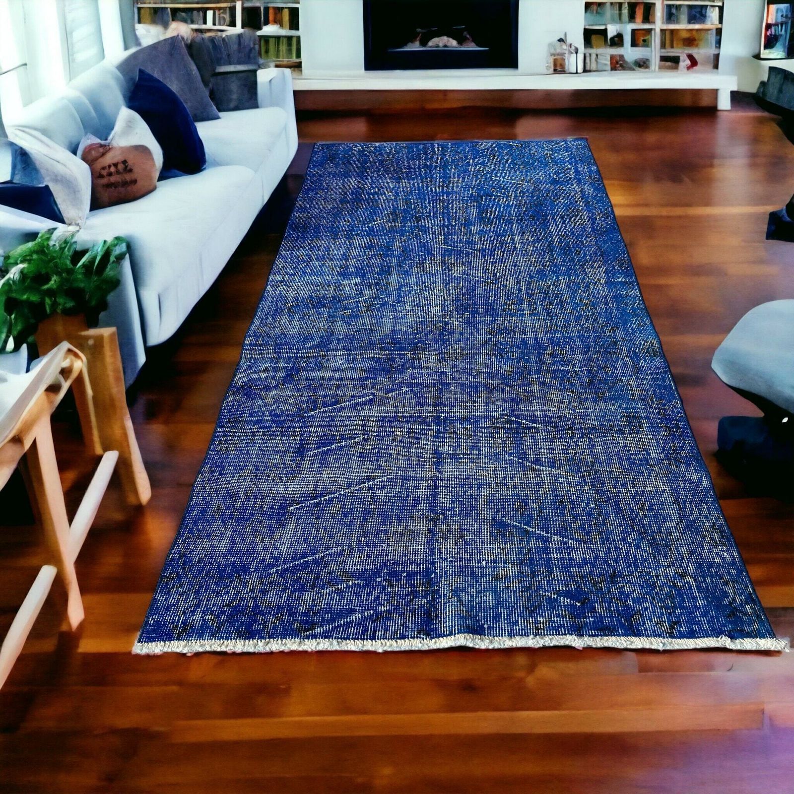 Distressed Turkish Rug Wool Vintage Rug, Over Dyed Blue photo for sale