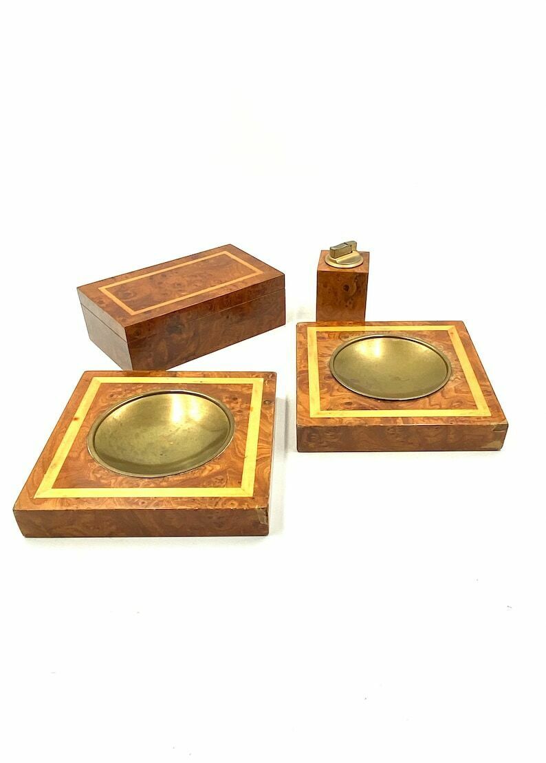photo for sale Smoking Set, Brass And Wood Ashtrays, Lighter And Cigars Box, Italy 1970