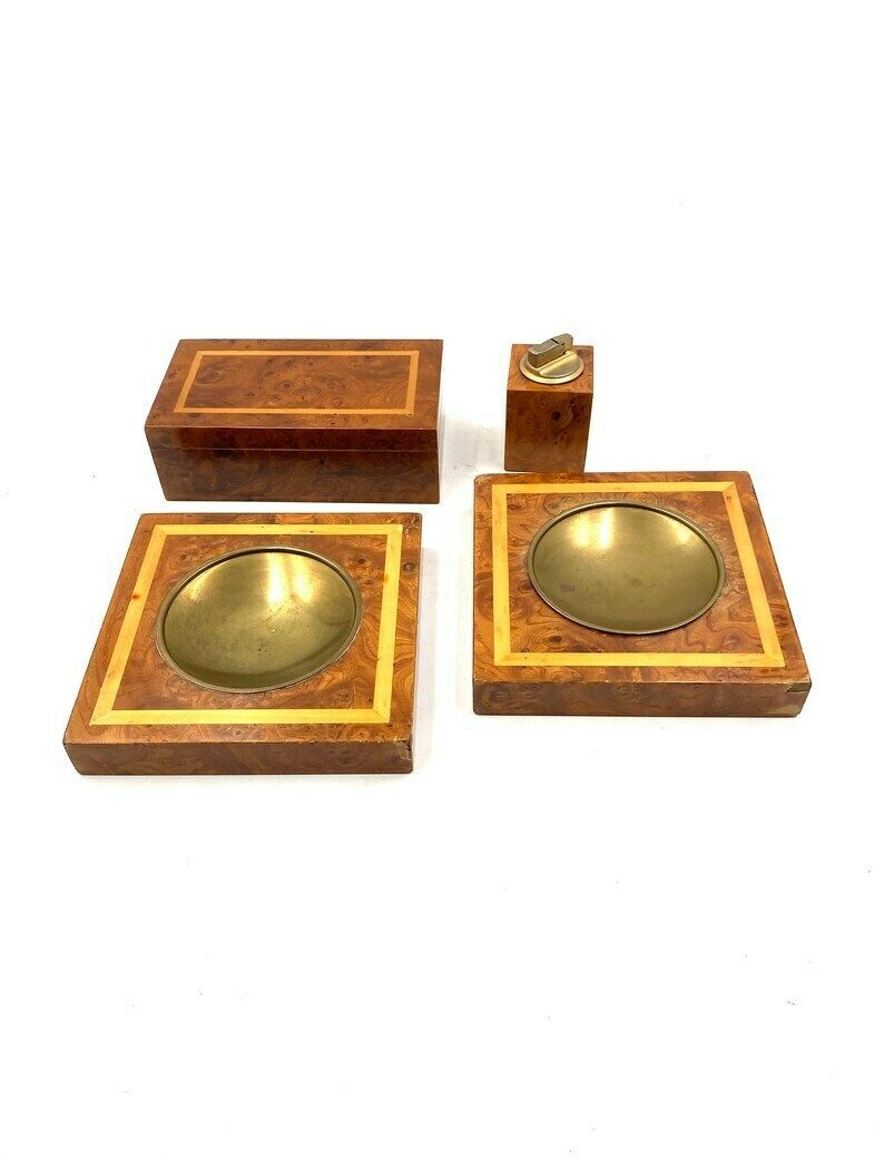 Smoking Set, Brass And Wood Ashtrays, Lighter And Cigars Box, Italy 1970