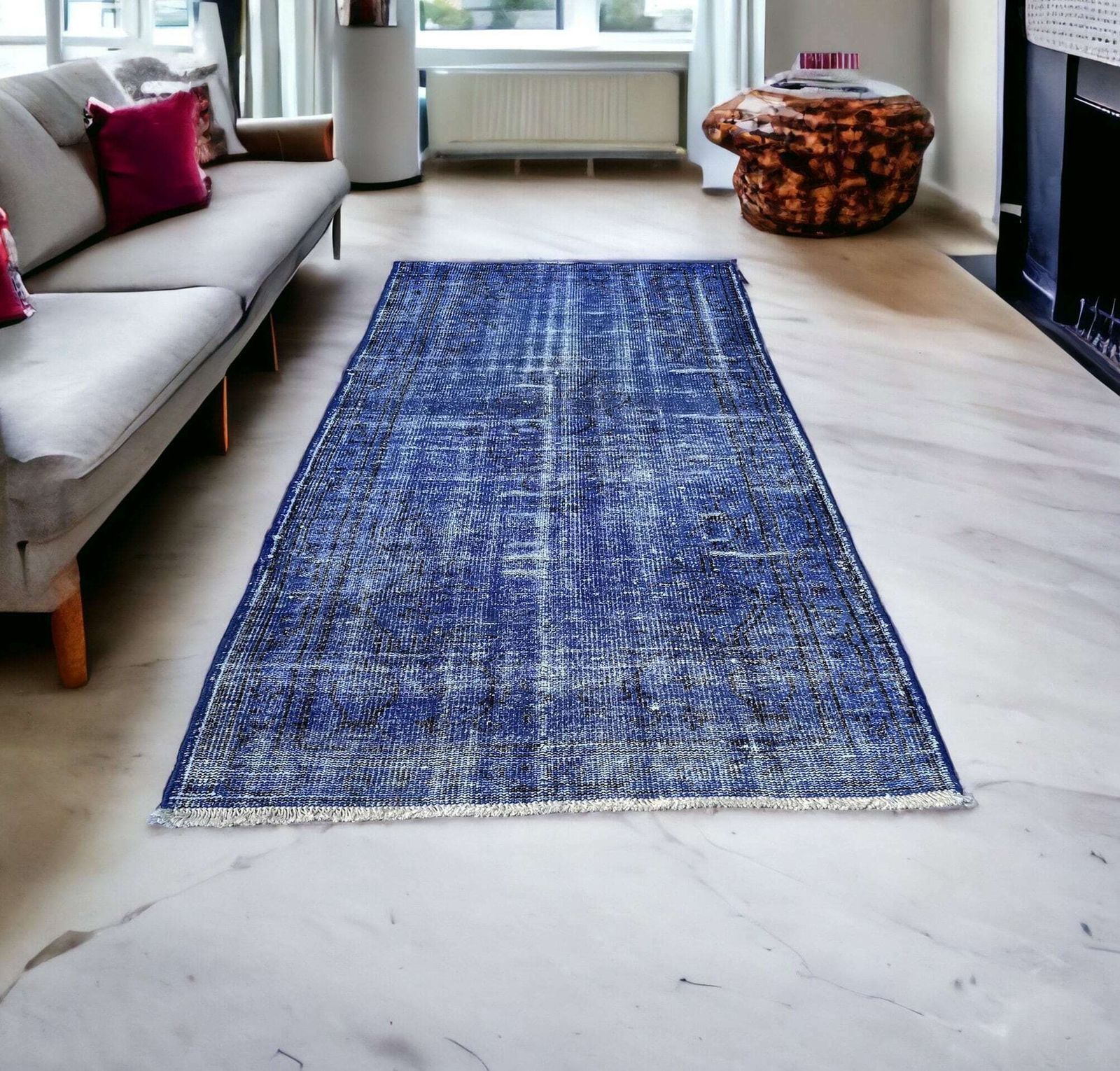 Distressed Turkish Rug Wool Vintage Rug, Over Dyed Blue photo vinterior
