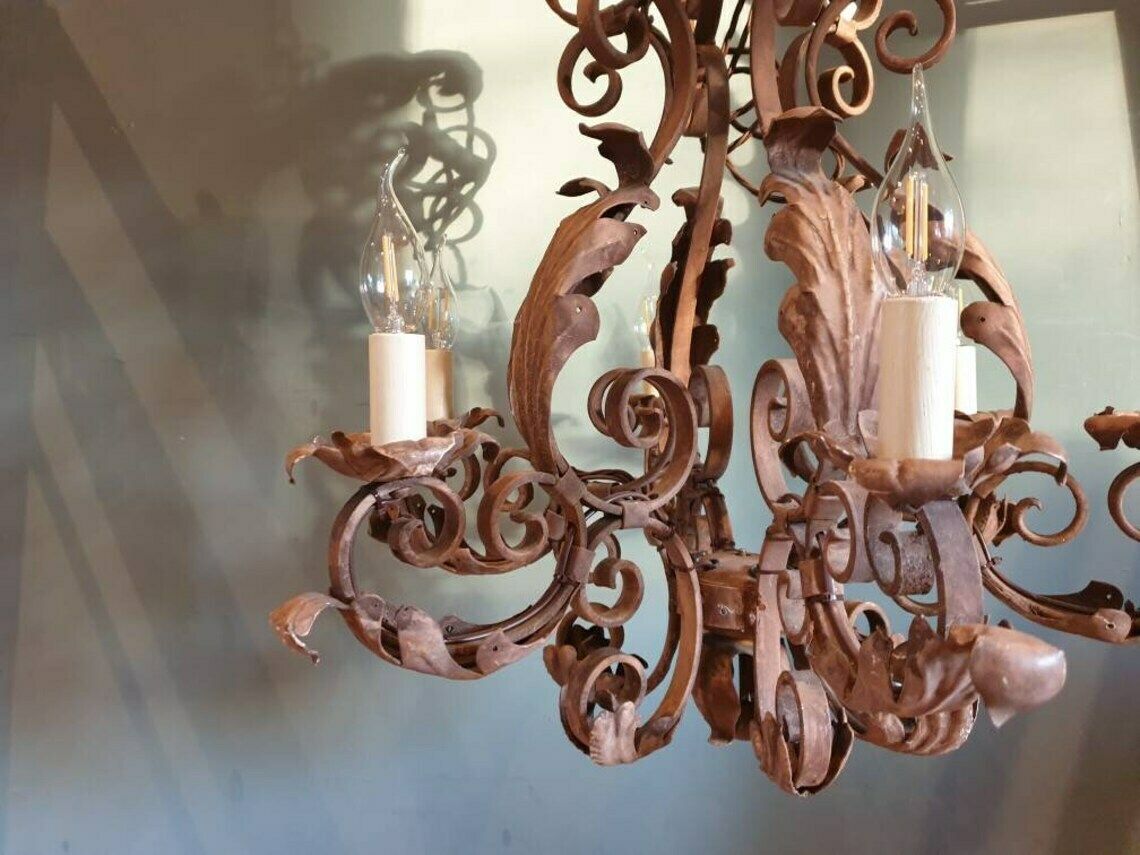 A Stunning French Painted Iron, Six Branch Chandelier. 1930s photo for sale