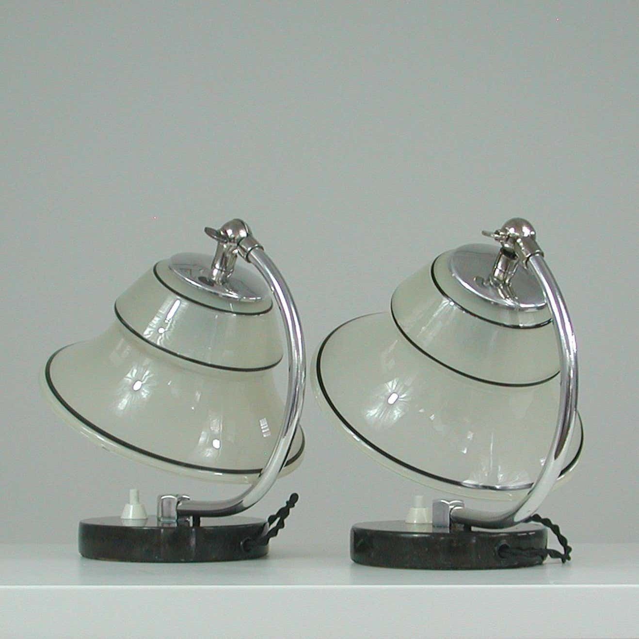 photo for sale German Art Deco Enameled Satin Glass, Marble And Aluminum Table Lamps, 1930s