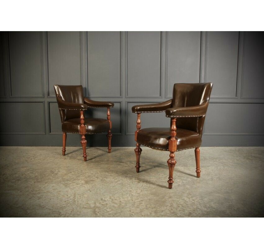 Pair Of Victorian Mahogany & Leather Desk Chairs