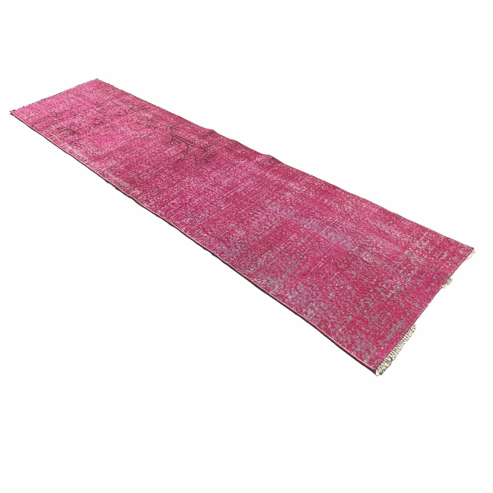 Distressed Turkish Narrow Runner 278 X 68 Cm Wool Vintage Rug, Over Dyed Pink photo furniture
