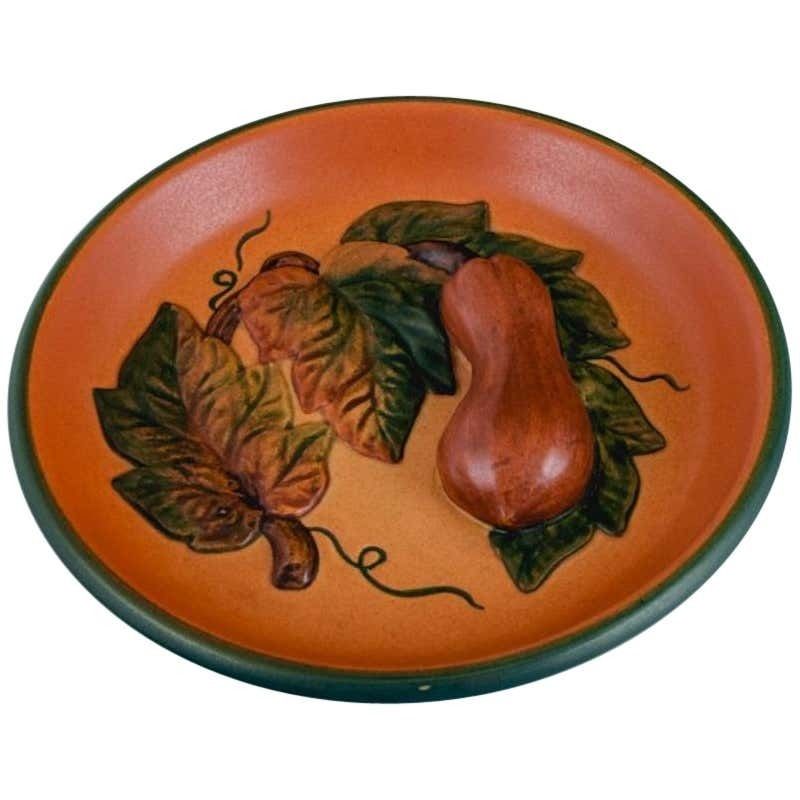 Ipsen's Denmark Bowl With Leaves And Pumpkins Glaze In Shades Of Orange Green