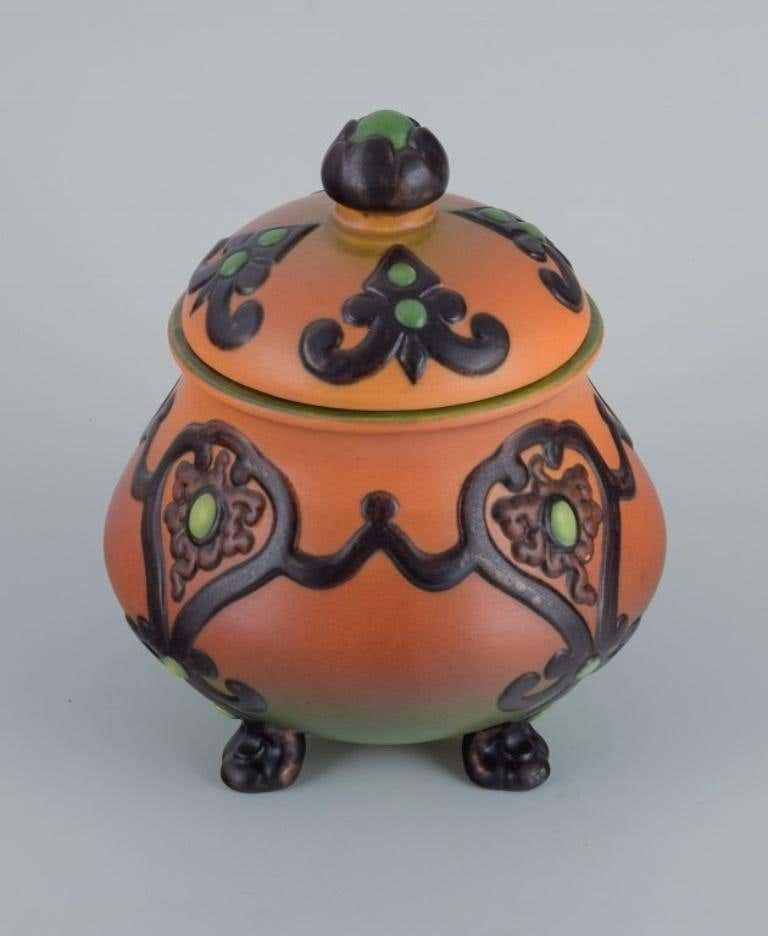 Ipsens  Denmark  Beautiful Art Nouveau Jar With Glaze In Orange And Green Tones photo furniture