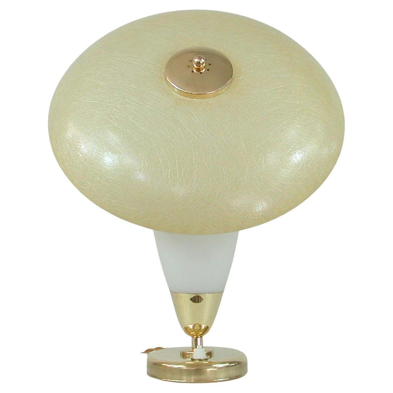 Midcentury Swedish Modern Brass, Opaline And Fiberglass Saucer Table Lamp, 1950s