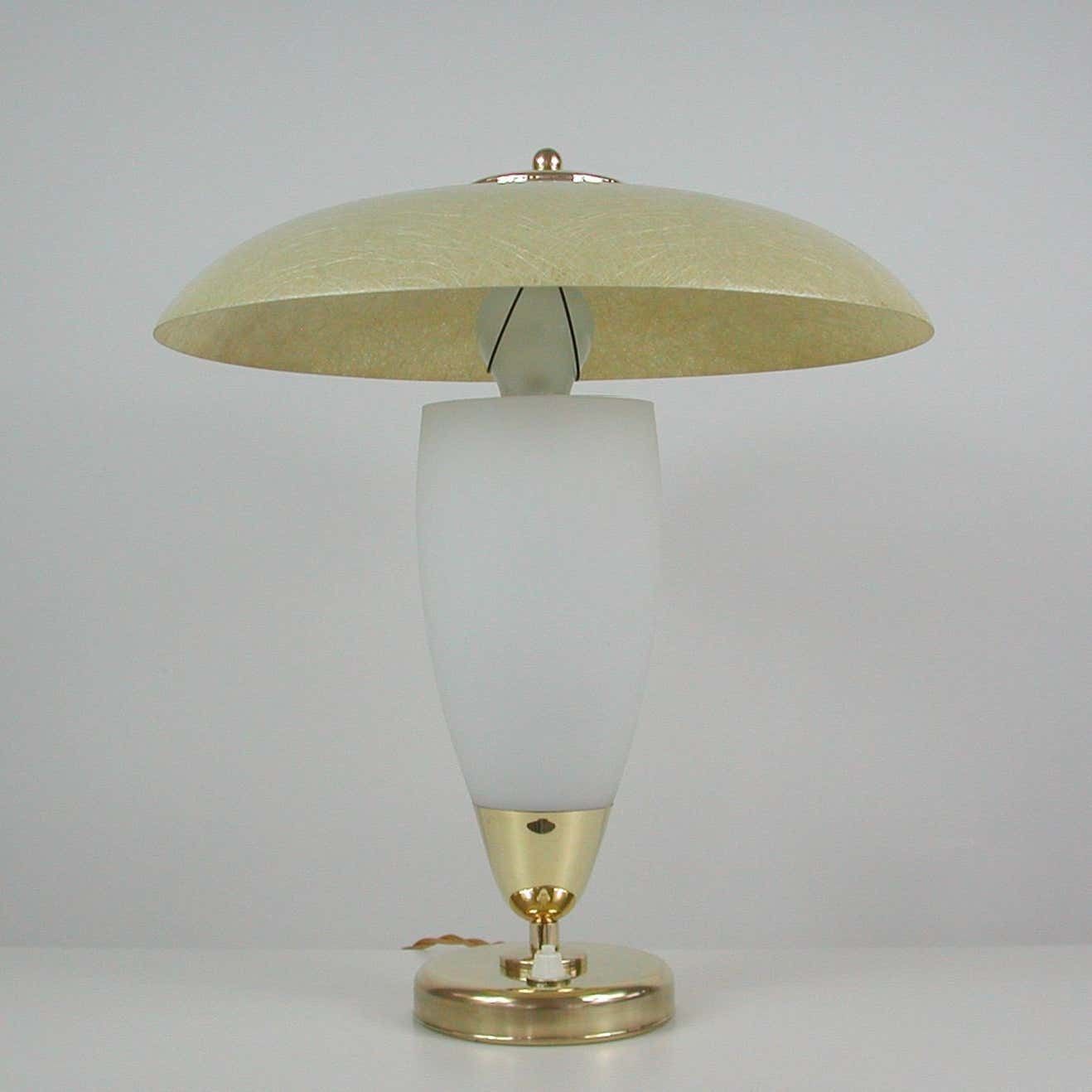 photo furniture Midcentury Swedish Modern Brass, Opaline And Fiberglass Saucer Table Lamp, 1950s