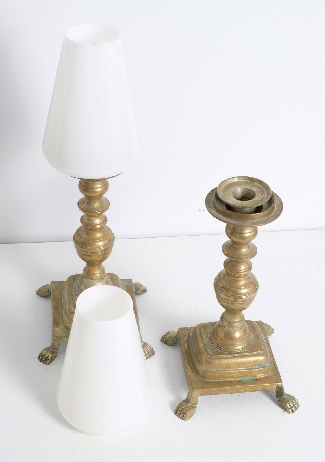 Pair Of Claw Footed Antique Brass Storm Lamps photo for sale
