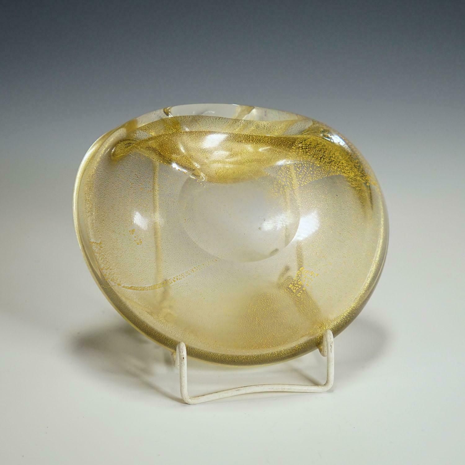 Vintage Art Glass Bowl With Gold Foil, Murano Italy 1950s photo vinterior
