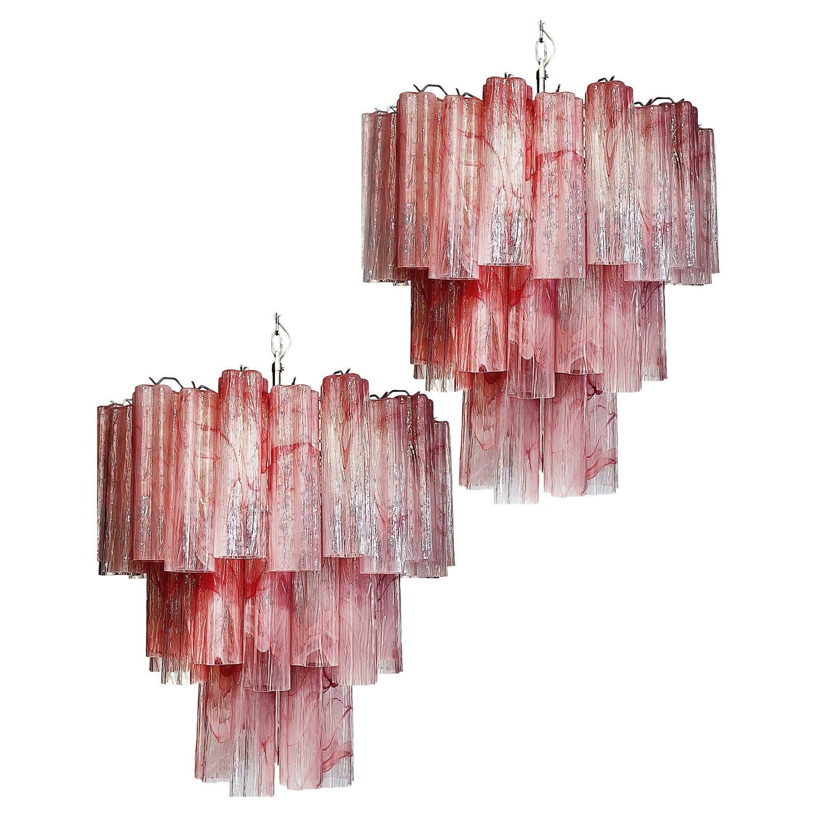 Elegant Large Three Tier Murano Glass Tube Chandeliers, Pink Alabaster