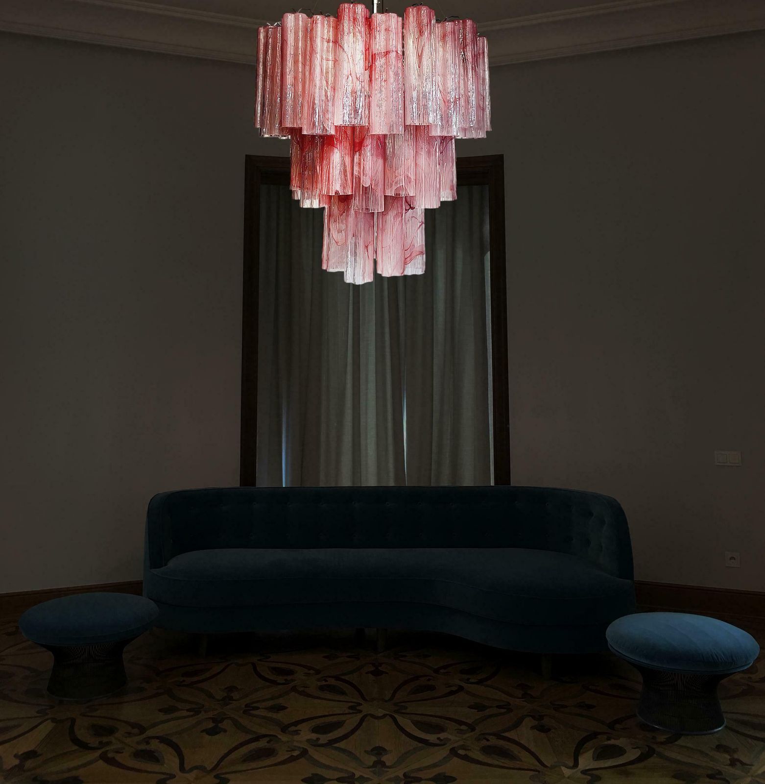 Elegant Large Three Tier Murano Glass Tube Chandeliers, Pink Alabaster photo furniture