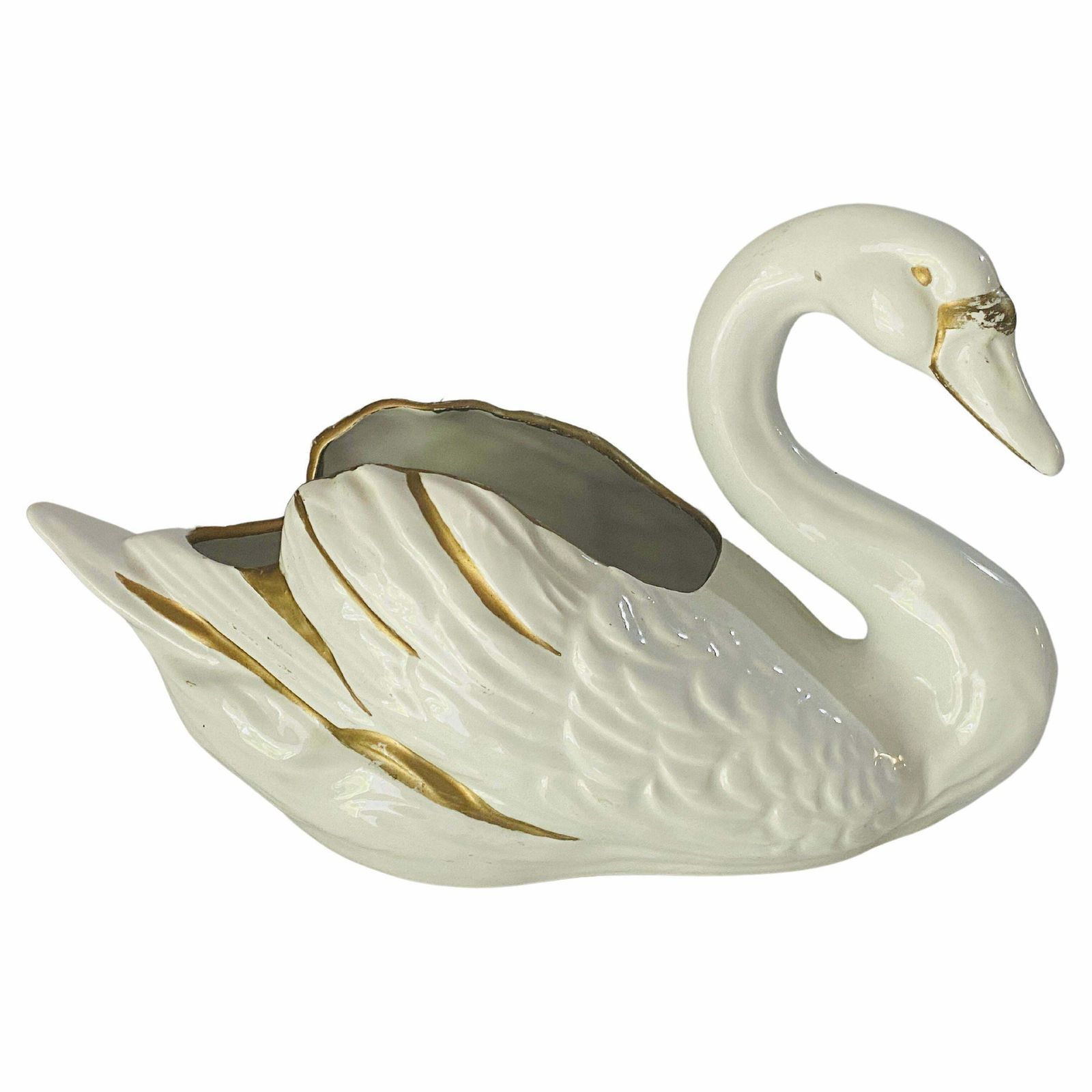 Vide Poche Or Decorative Basket, Swan Sculpture Shaped In Porcelain Italy, 1970s