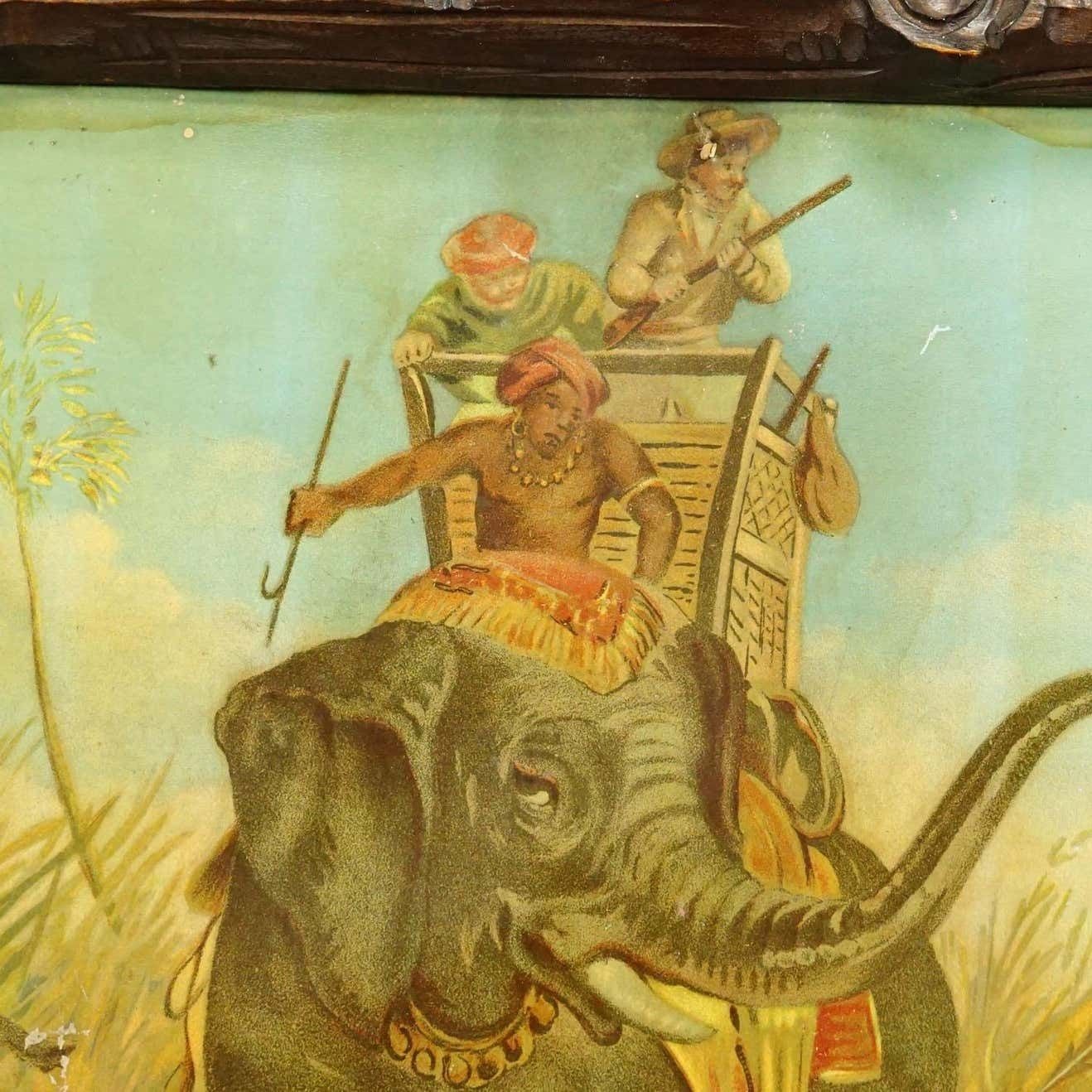 Antique Oil Print With Dramatic Tiger Hunting Scene In India 19th Century photo 471.0