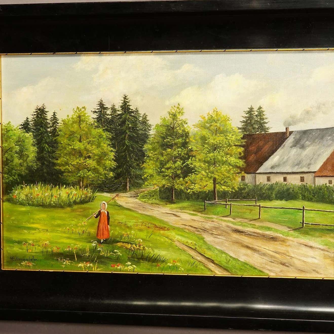 Antique Oil Painting Farm Girl On A Flower Meadow By M. E. Ummenhofer photo Art