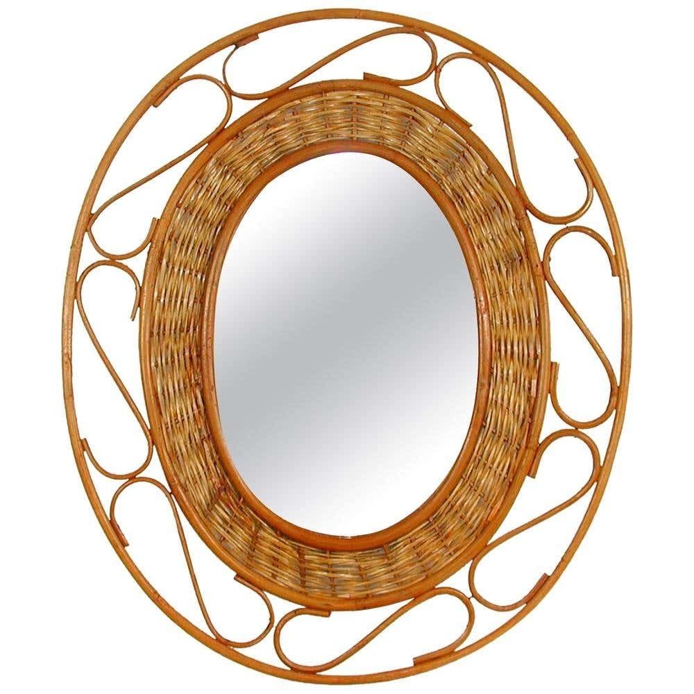 Midcentury Jean Royère Style French Riviera Rattan And Wicker Mirror, 1950s