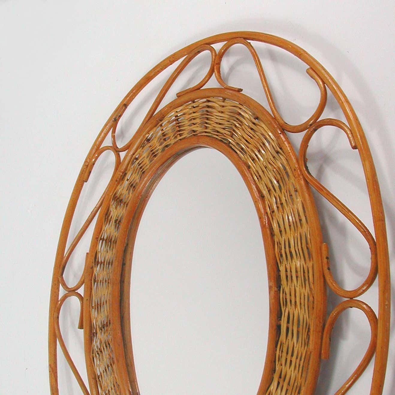 Midcentury Jean Royère Style French Riviera Rattan And Wicker Mirror, 1950s photo 829.0