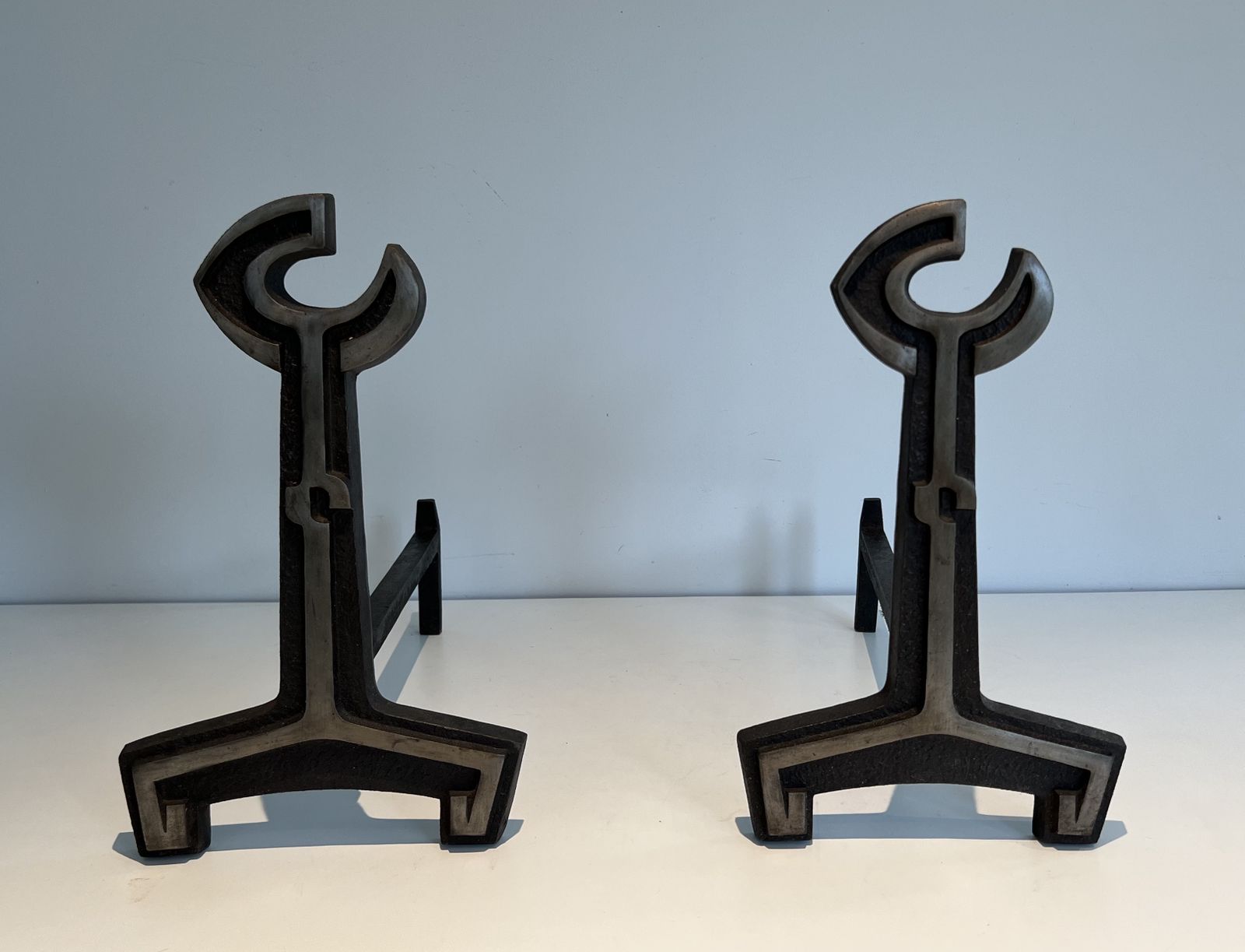 Pair Of Modernist Cast Iron And Wrought Iron Andirons