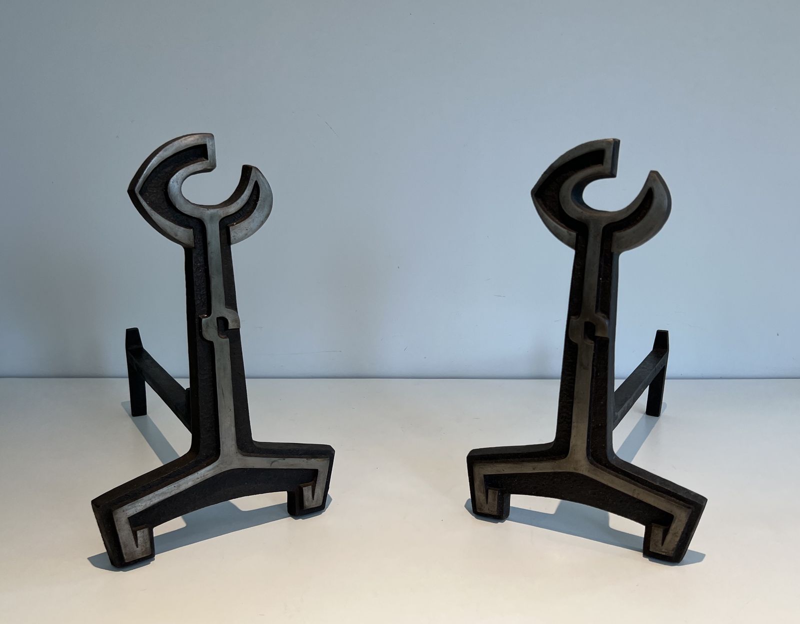 Pair Of Modernist Cast Iron And Wrought Iron Andirons photo furniture
