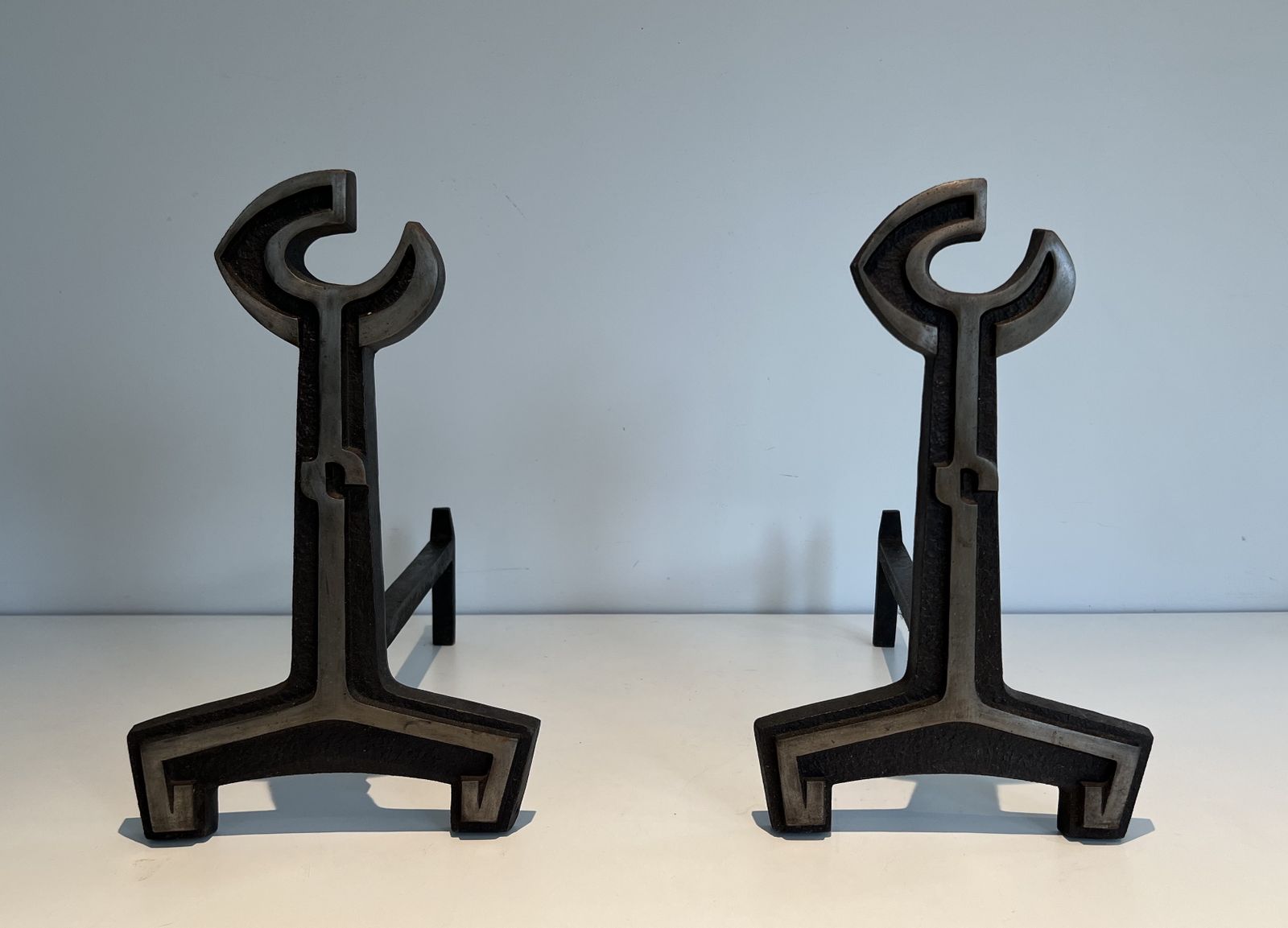 Home Fixtures Pair Of Modernist Cast Iron And Wrought Iron Andirons photo