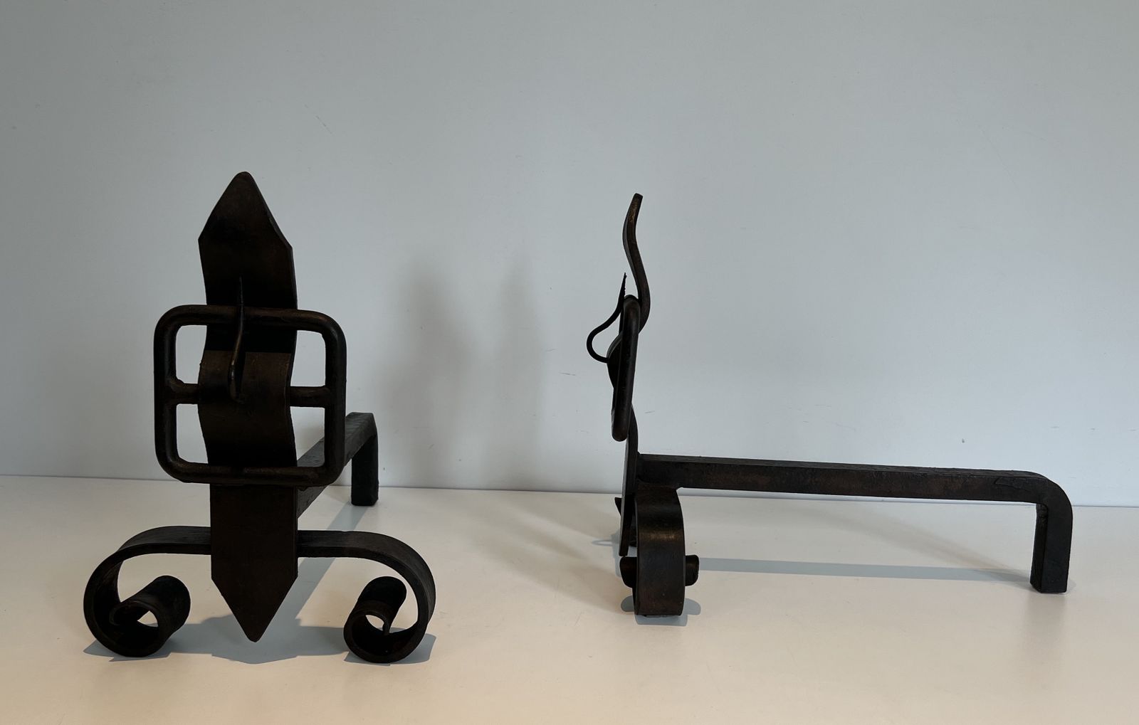 Pair Of Modernist Cast Iron And Wrought Iron Belt Andirons photo 950.0