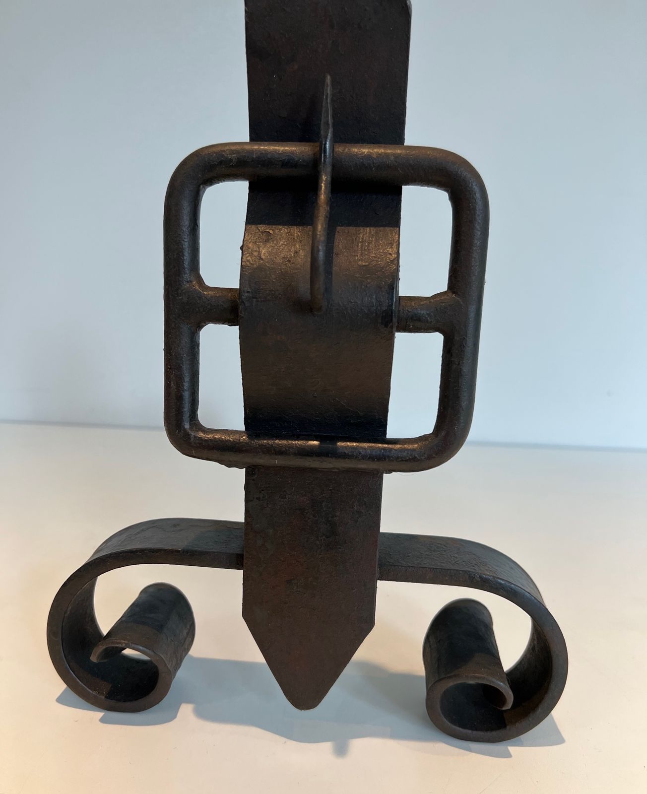photo for sale Pair Of Modernist Cast Iron And Wrought Iron Belt Andirons