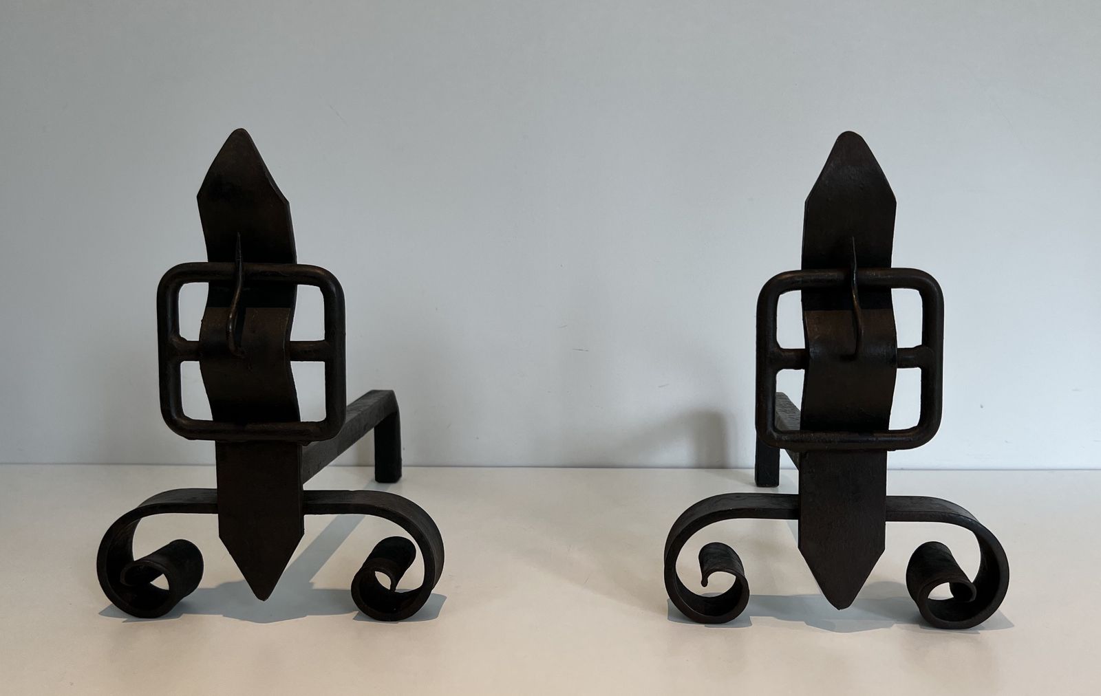 950.0 Pair Of Modernist Cast Iron And Wrought Iron Belt Andirons photo
