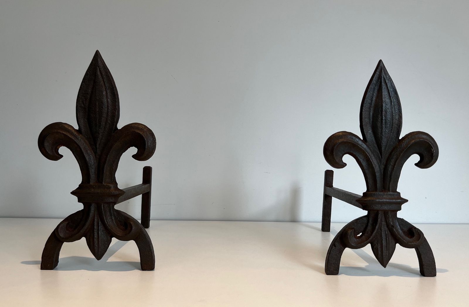 Home Fixtures Pair Of Fleurs De Lys Cast Iron And Wrought Iron Andirons photo