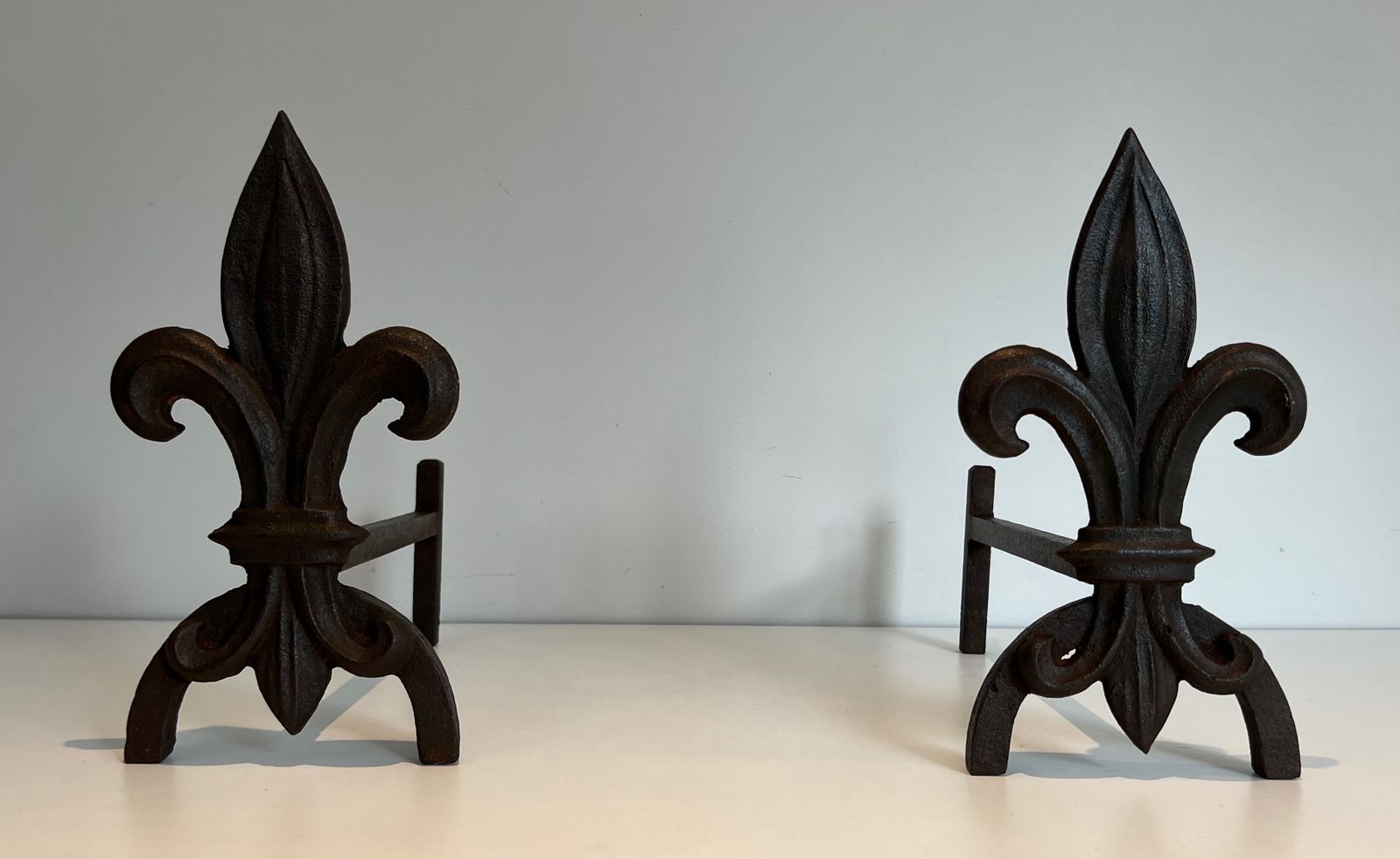 photo vintage Pair Of Fleurs De Lys Cast Iron And Wrought Iron Andirons