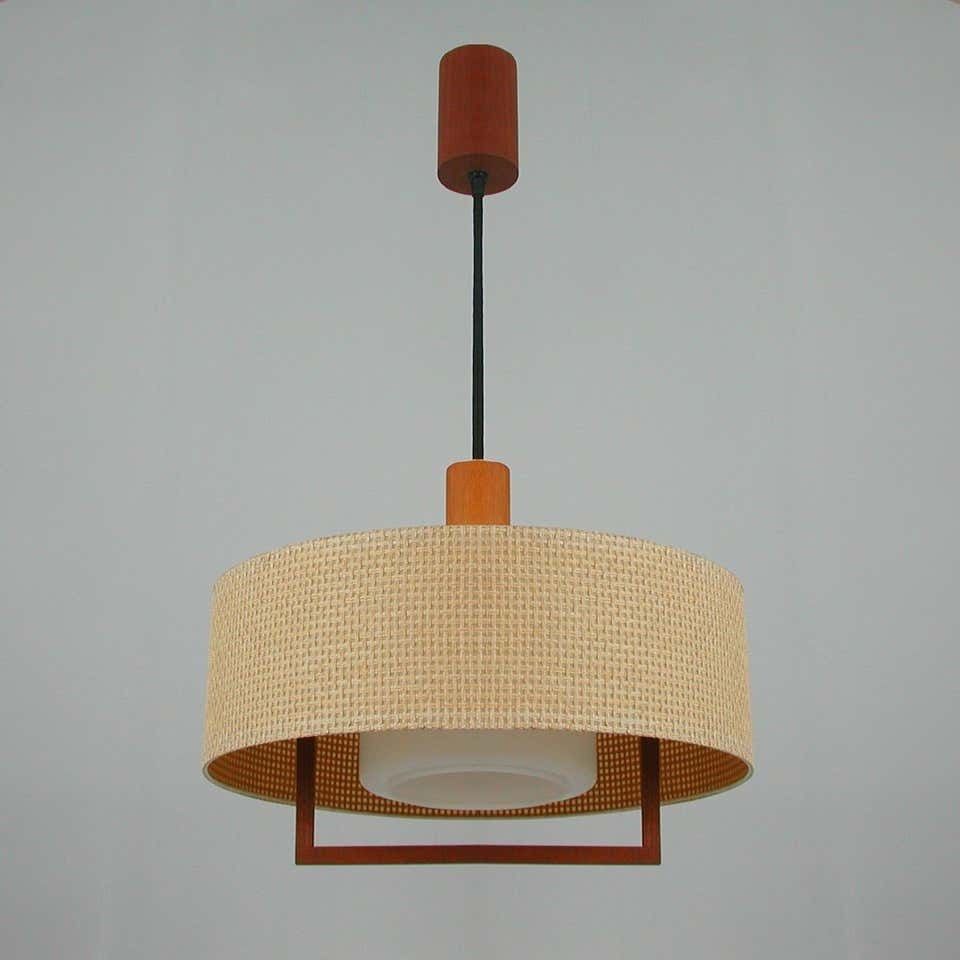 Midcentury Temde Raffia Teak And Milk Glass Pendant, Switzerland 1960s photo for sale