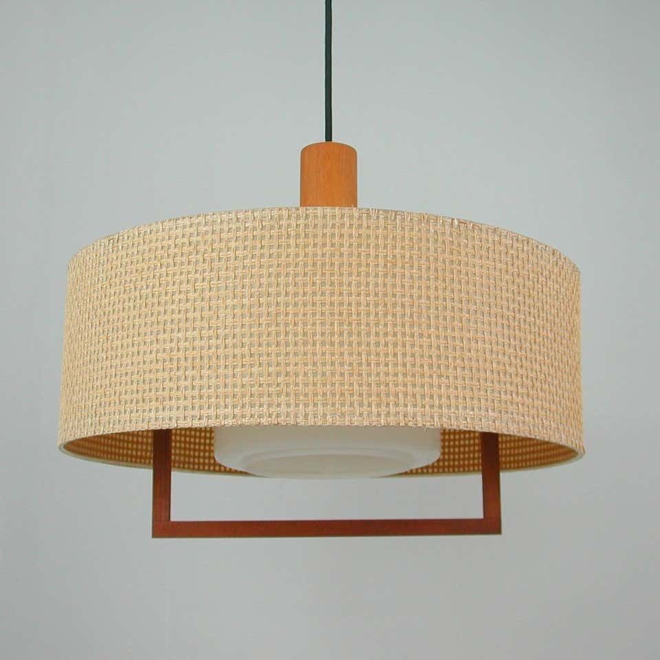 Midcentury Temde Raffia Teak And Milk Glass Pendant, Switzerland 1960s photo buy