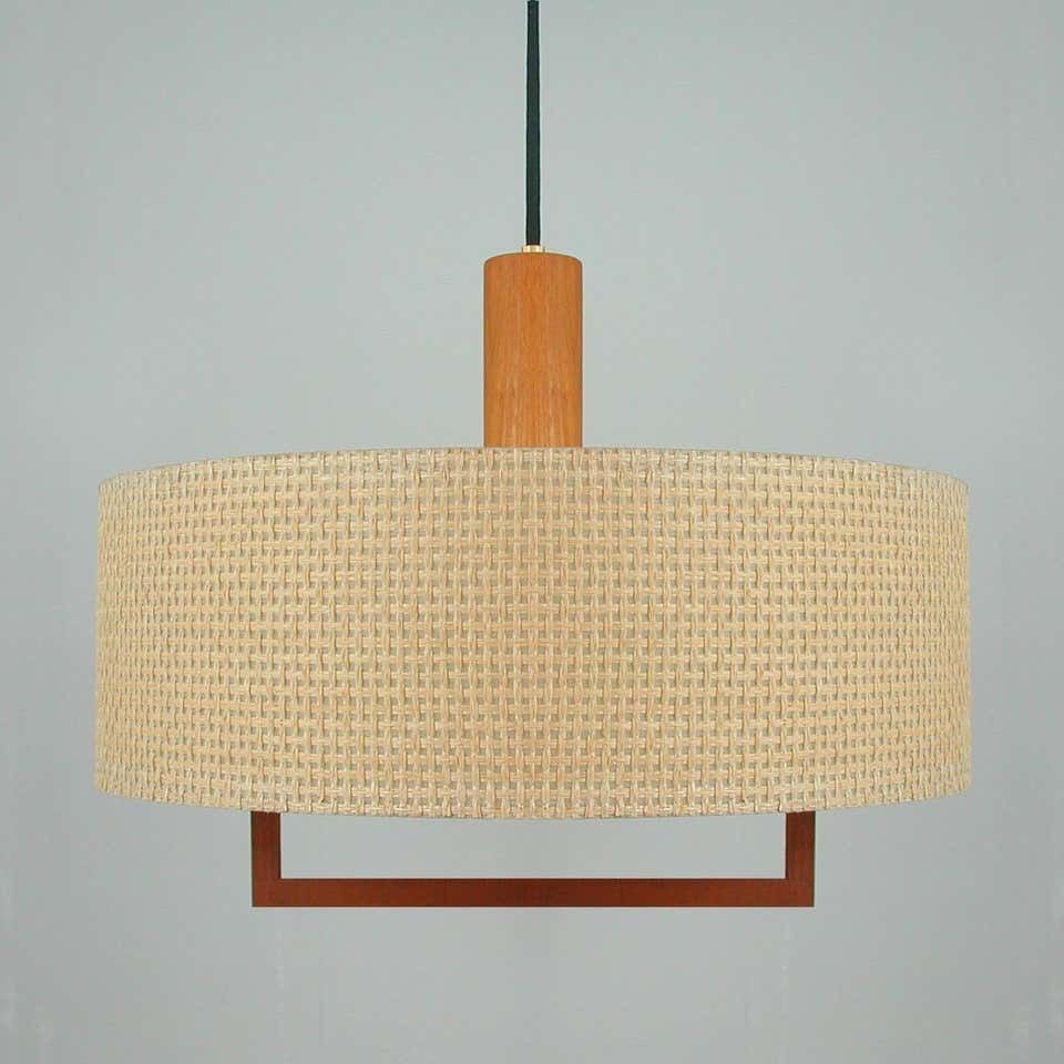 Midcentury Temde Raffia Teak And Milk Glass Pendant, Switzerland 1960s photo vintage