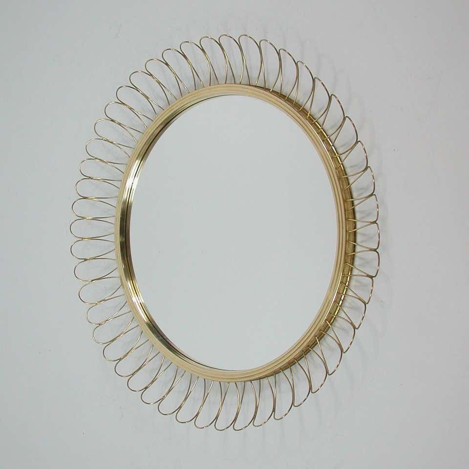 Midcentury Sculptural Round Brass Wall Mirror, Sweden 1950s photo for sale