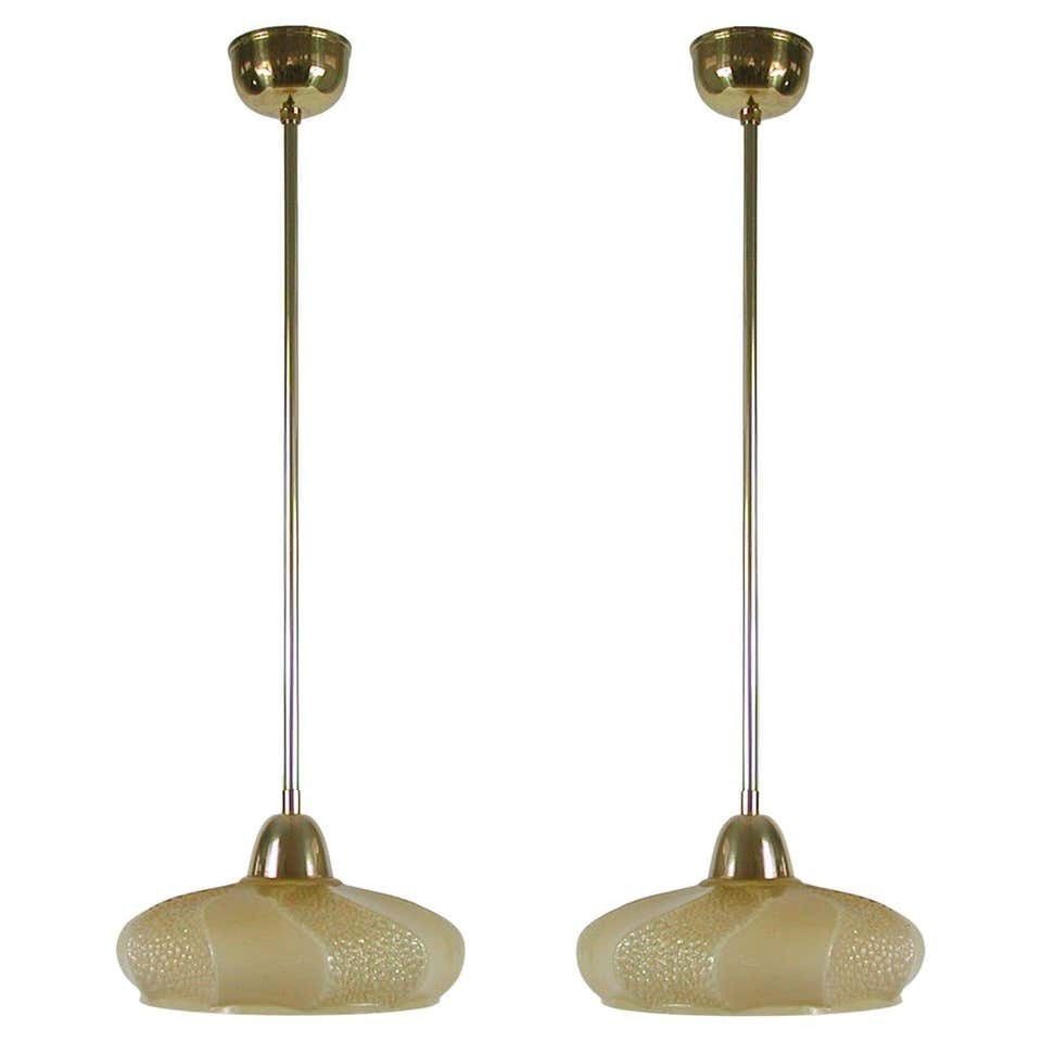 French Art Deco Ivory Colored Opaline Glass Brass Pendants, 1940s, Set Of 2