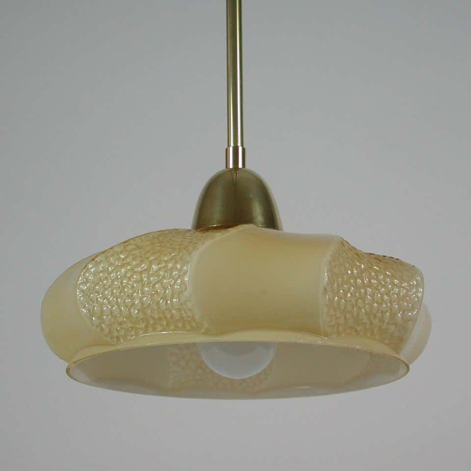 photo furniture French Art Deco Ivory Colored Opaline Glass Brass Pendants, 1940s, Set Of 2