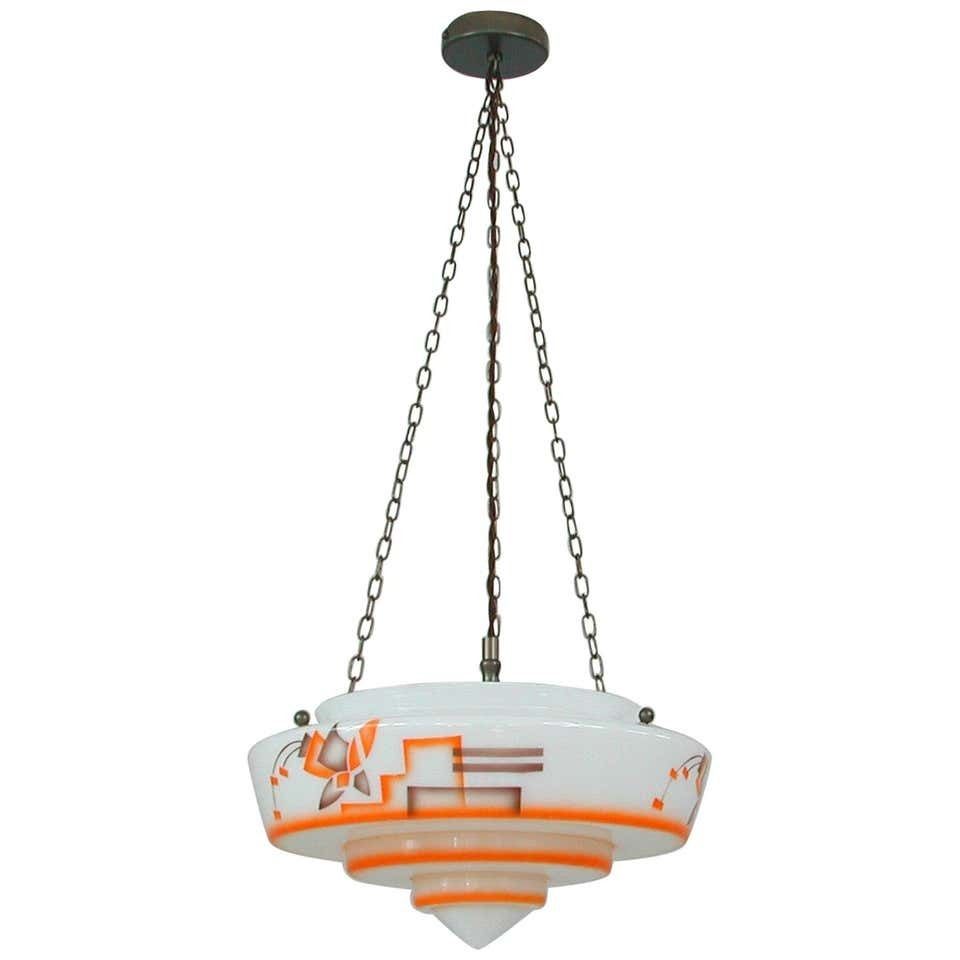 German Art Deco Suspension Light, Enameled Glass And Brass, 1930s