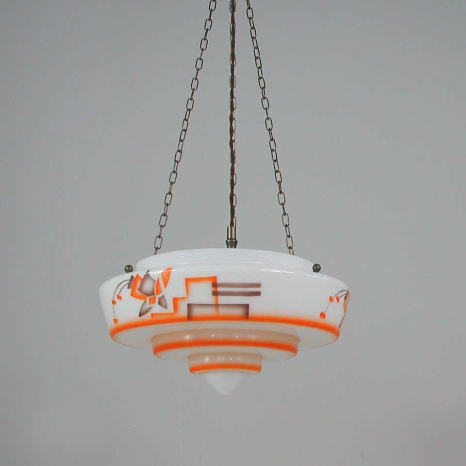 German Art Deco Suspension Light, Enameled Glass And Brass, 1930s photo Lighting